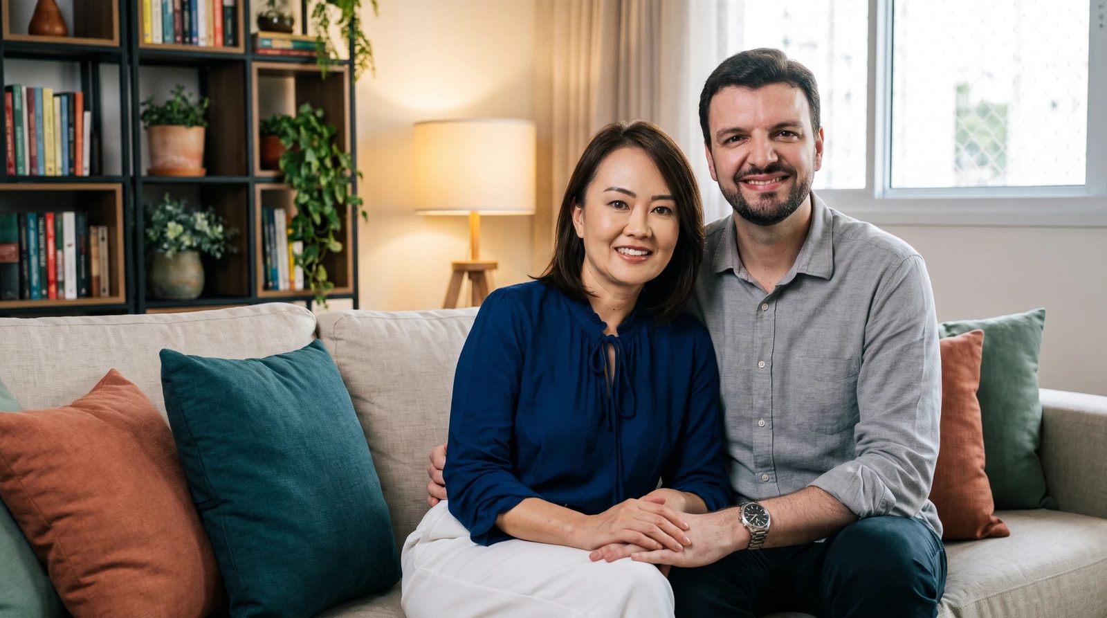 Dra. Daniela Kanno e Dr. Luiz Fernando Sella no sofá de casa